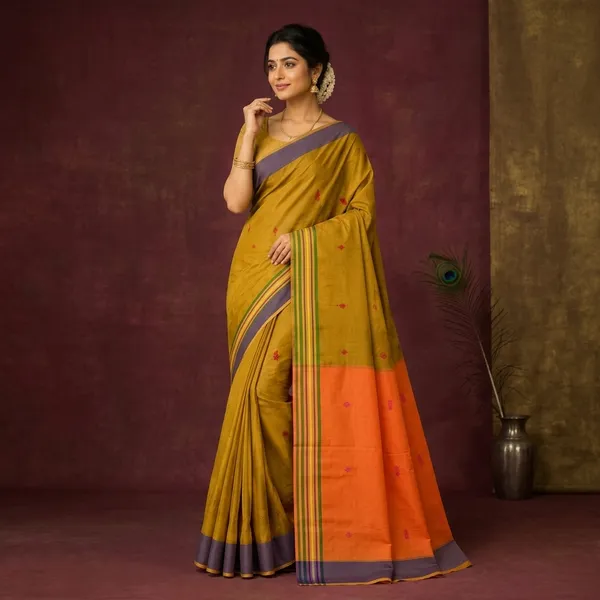 Srinakshgeeth_Udupi_Handloom_Gi_Tagged_Saree_Golden_Mustard_With_Vibrant_Orange_Pallu_Kalpana_Special_60_Count_With_Chandrika_Drop_Butta