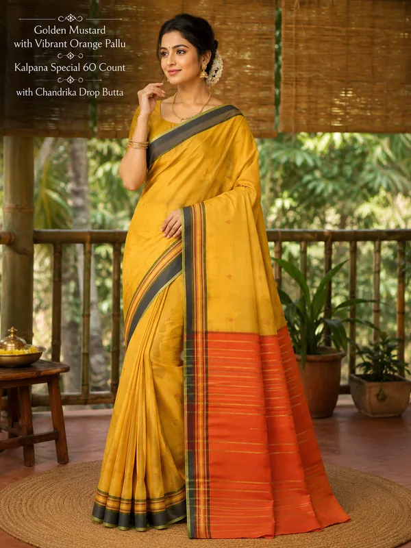 Srinakshgeeth_Udupi_Handloom_Gi_Tagged_Saree_Golden_Mustard_With_Vibrant_Orange_Pallu_Kalpana_Special_60_Count_With_Chandrika_Drop_Butta