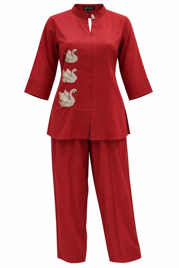 Maroon_Cotton_Relaxed_Swan_Embroidered_Co-Ord_Set_For_Women