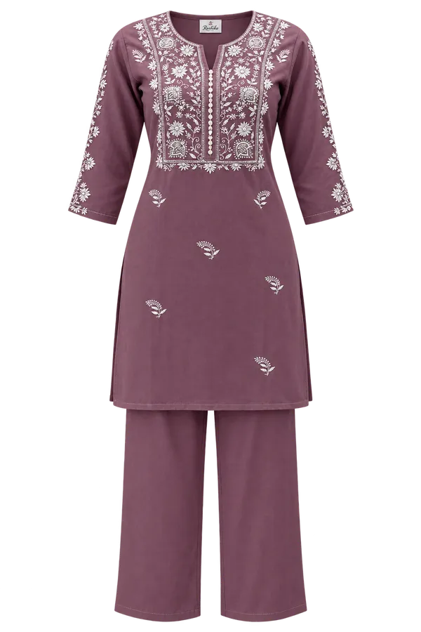Mauve_Mul_Chanderi_Straight_Chikankari_Embroidered_Kurta_Pant_Set_For_Women