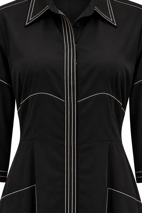 Black_Georgette_Relaxed_Contrast_Stitch_Collared_Long_Dress_For_Women
