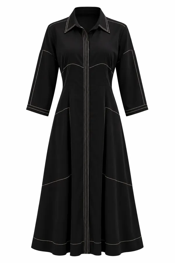 Black_Georgette_Relaxed_Contrast_Stitch_Collared_Long_Dress_For_Women