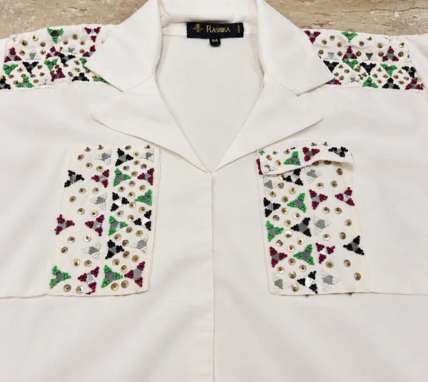 White_Cotton_Relaxed_Embellished_Cuff_Collared_Shirt_For_Women
