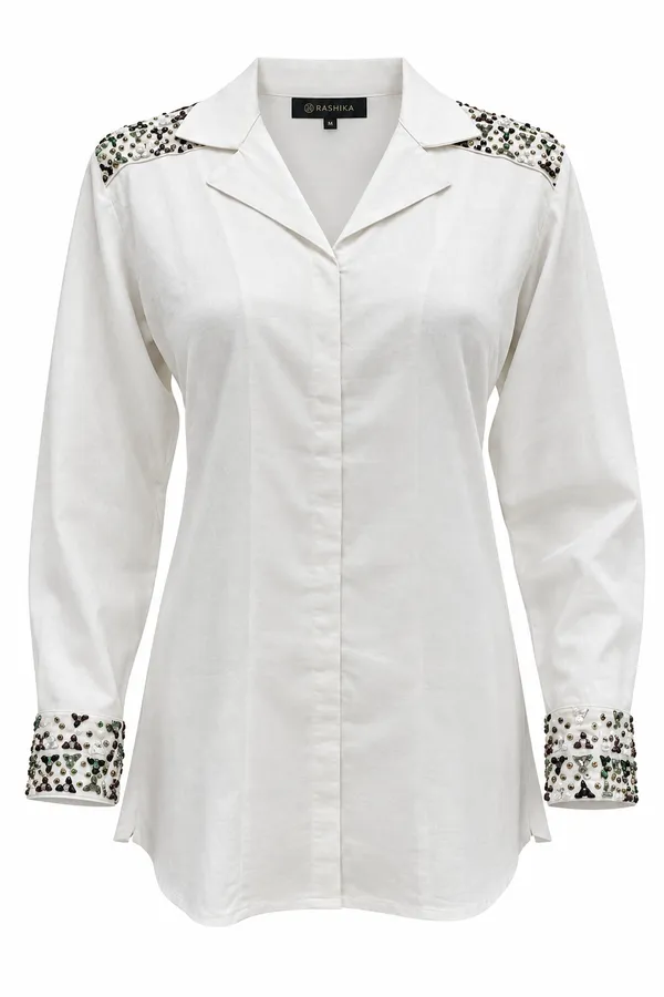 White_Cotton_Relaxed_Embellished_Cuff_Collared_Shirt_For_Women