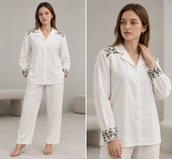White_Cotton_Relaxed_Embellished_Cuff_Collared_Shirt_For_Women