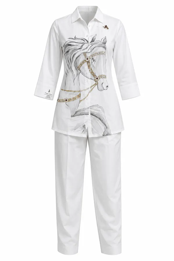 White_Cotton_Relaxed_Horse_Print_Shirt_Pant_Co-Ord_Set_For_Women