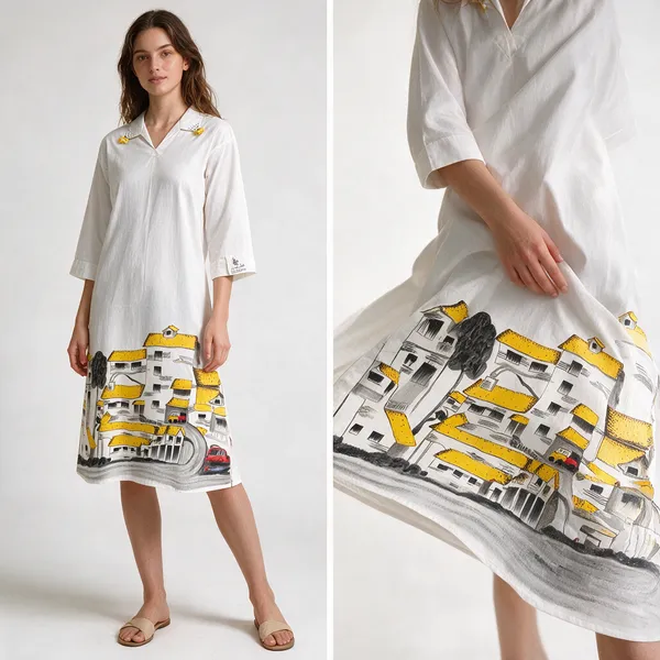 White_Cotton_Straight_Hand_Painted_Embellished_Dress_For_Women