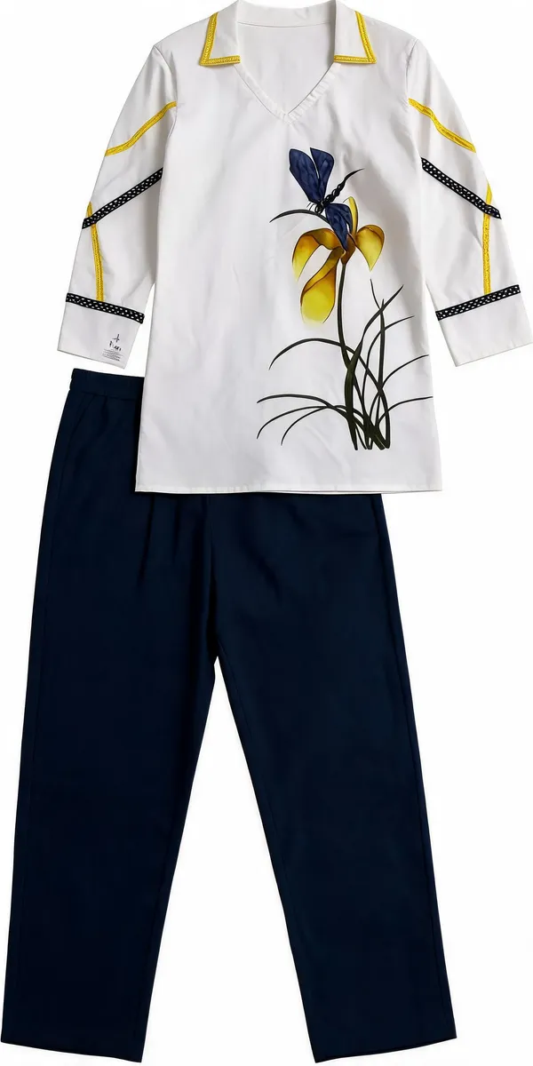 White_Navy_Cotton_Relaxed_Floral_Print_Top_&_Pant_Set_For_Women