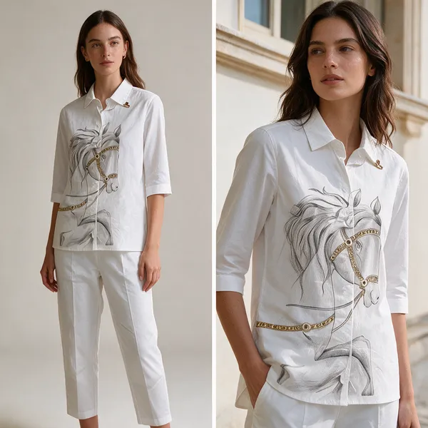 White_Cotton_Relaxed_Horse_Print_Shirt_Pant_Co-Ord_Set_For_Women