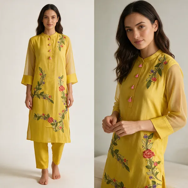 Mustard_Yellow_Mul_Chanderi_Floral_Embroidered_Kurta_Pant_Set_For_Women