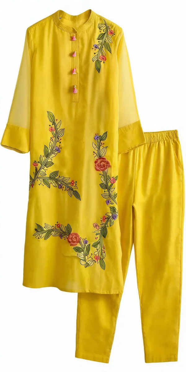 Mustard_Yellow_Mul_Chanderi_Floral_Embroidered_Kurta_Pant_Set_For_Women