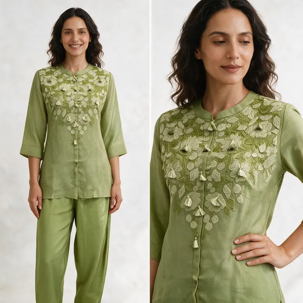 Lime_Green_Mul_Chanderi_Embroidered_Kurta_Pant_Set_For_Women