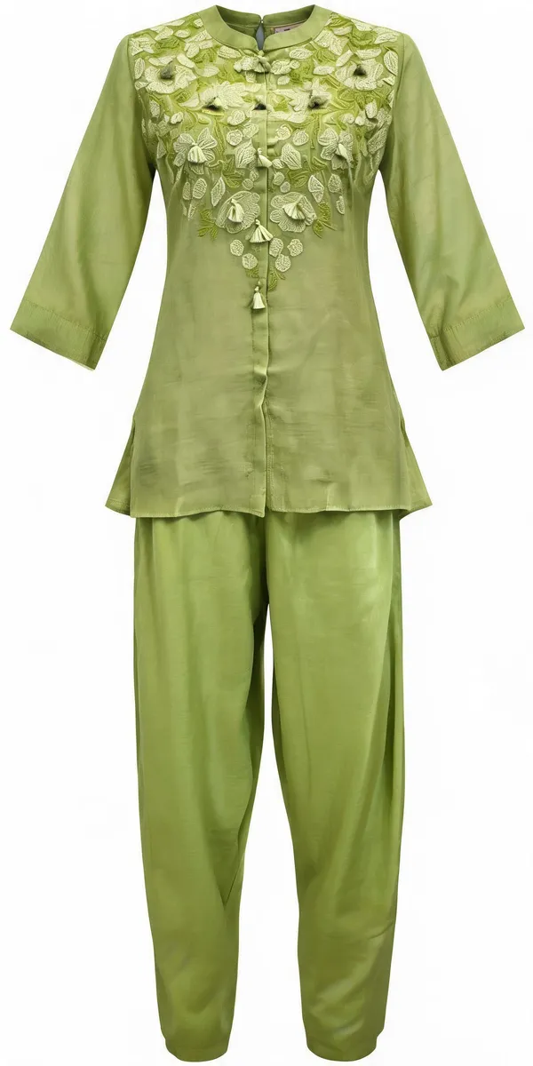 Lime_Green_Mul_Chanderi_Embroidered_Kurta_Pant_Set_For_Women