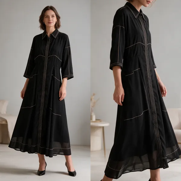 Black_Georgette_Relaxed_Contrast_Stitch_Collared_Long_Dress_For_Women
