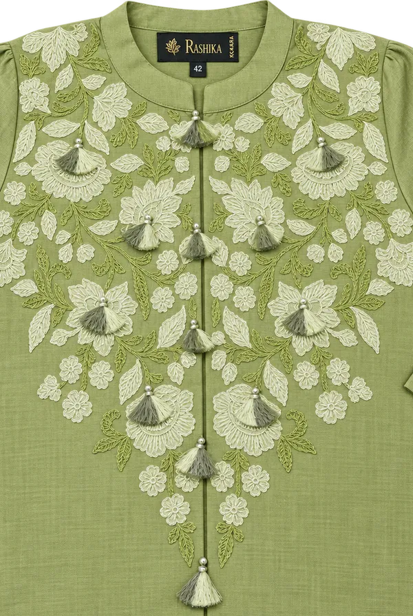 Lime_Green_Mul_Chanderi_Embroidered_Kurta_Pant_Set_For_Women