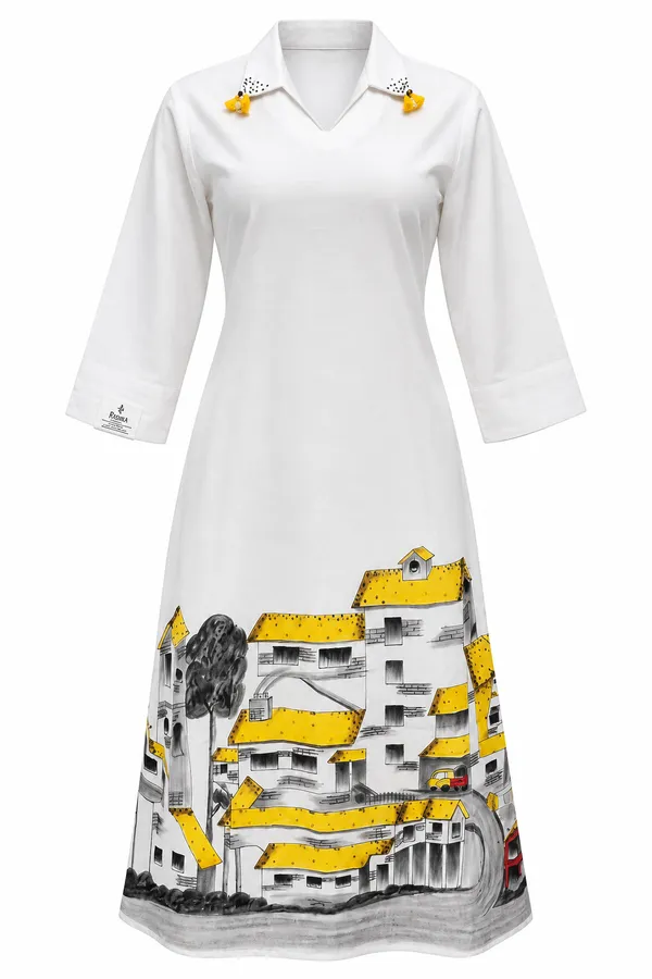 White_Cotton_Straight_Hand_Painted_Embellished_Dress_For_Women