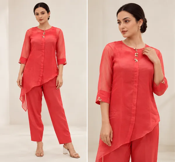 Coral_Organza_Asymmetric_Kurti_With_Cotton_Pants_For_Women
