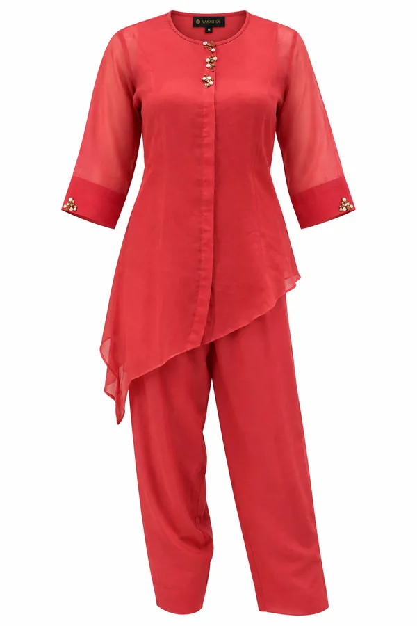 Coral_Organza_Asymmetric_Kurti_With_Cotton_Pants_For_Women