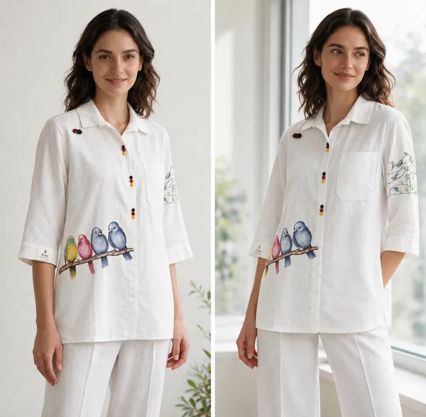 White_Linen_Relaxed_Hand_Painted_Bird_Shirt_Pant_Co-Ord_Set_For_Women