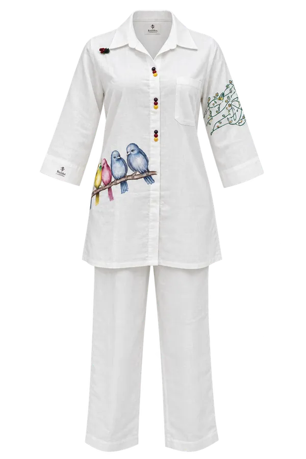 White_Linen_Relaxed_Hand_Painted_Bird_Shirt_Pant_Co-Ord_Set_For_Women
