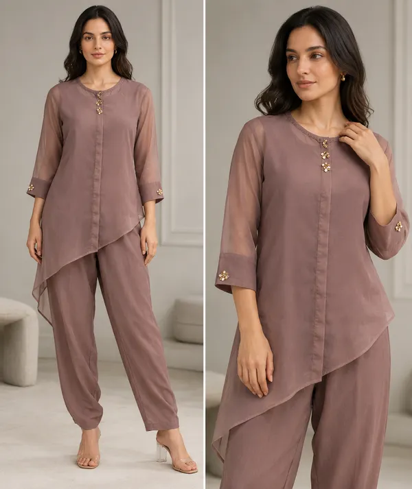 Dusty_Rose_Organza_Cotton_Asymmetric_Kurta_Pant_Set_For_Women