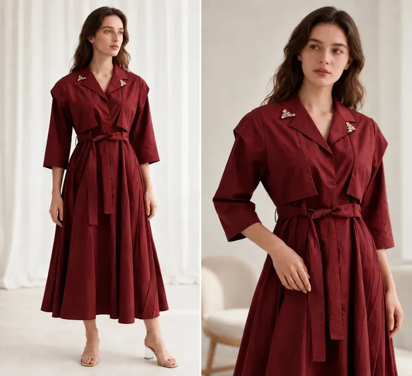 Maroon_Cotton_Belted_A-Line_Midi_Dress_For_Women