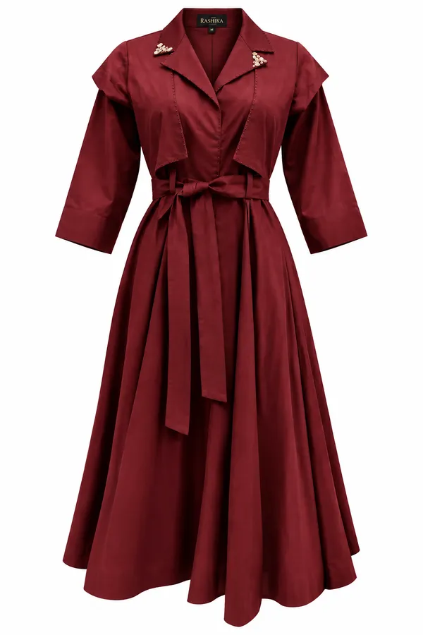 Maroon_Cotton_Belted_A-Line_Midi_Dress_For_Women