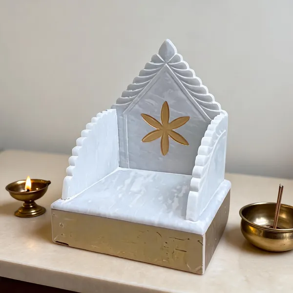 White_Marble_Finish_Temple_Shaped_Pooja_Mandir_With_Golden_Base