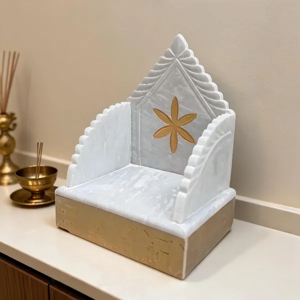 White_Marble_Finish_Temple_Shaped_Pooja_Mandir_With_Golden_Base