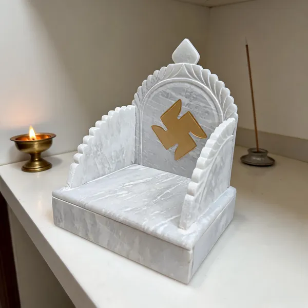 White_Marble_Swastik_Carved_Pooja_Chowki_Singhasan