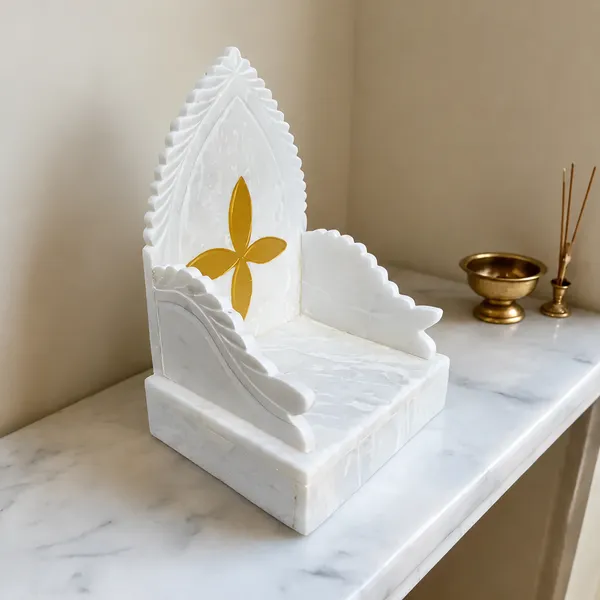White_Marble_Carved_Leaf_Design_Pooja_Singhasan_With_Gold_Accent