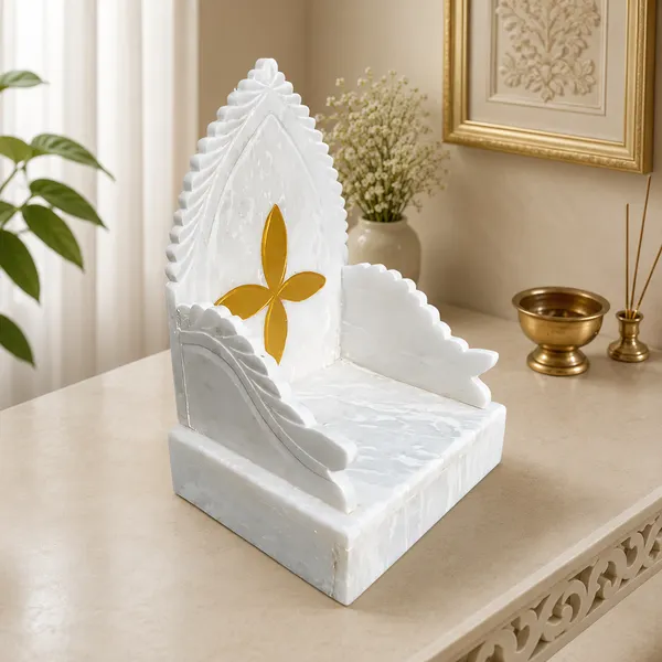 White_Marble_Carved_Leaf_Design_Pooja_Singhasan_With_Gold_Accent