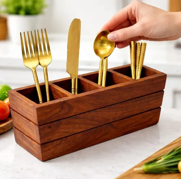 Wooden_Four_Compartment_Cutlery_Holder_With_Gold_Utensils