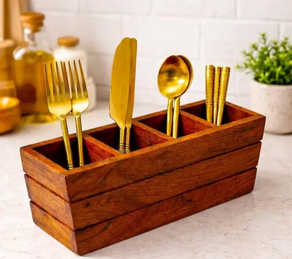 Wooden_Four_Compartment_Cutlery_Holder_With_Gold_Utensils