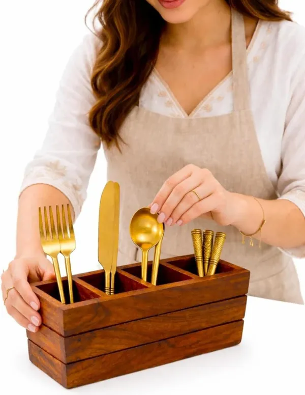 Wooden_Four_Compartment_Cutlery_Holder_With_Gold_Utensils