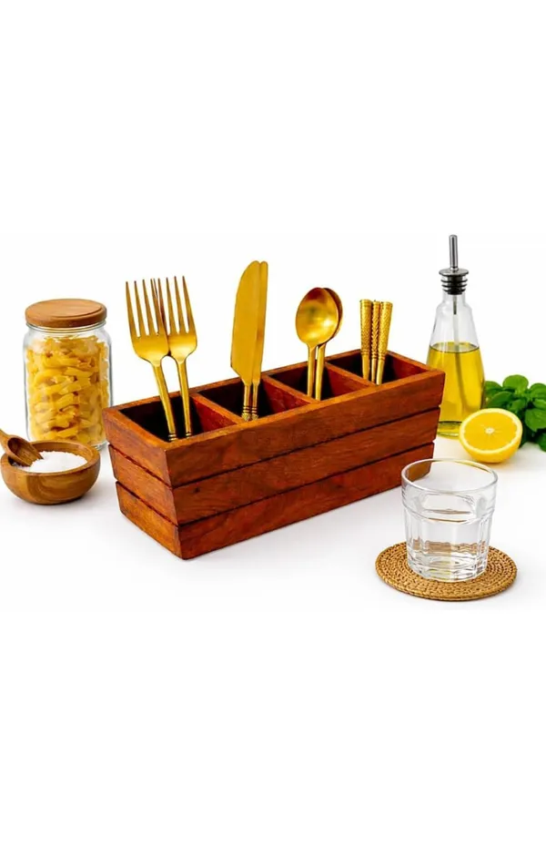 Wooden_Four_Compartment_Cutlery_Holder_With_Gold_Utensils