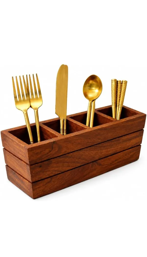 Wooden_Four_Compartment_Cutlery_Holder_With_Gold_Utensils