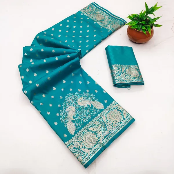 Turquoise_Banarasi_Silk_Silver_Zari_Buti_Saree_For_Women