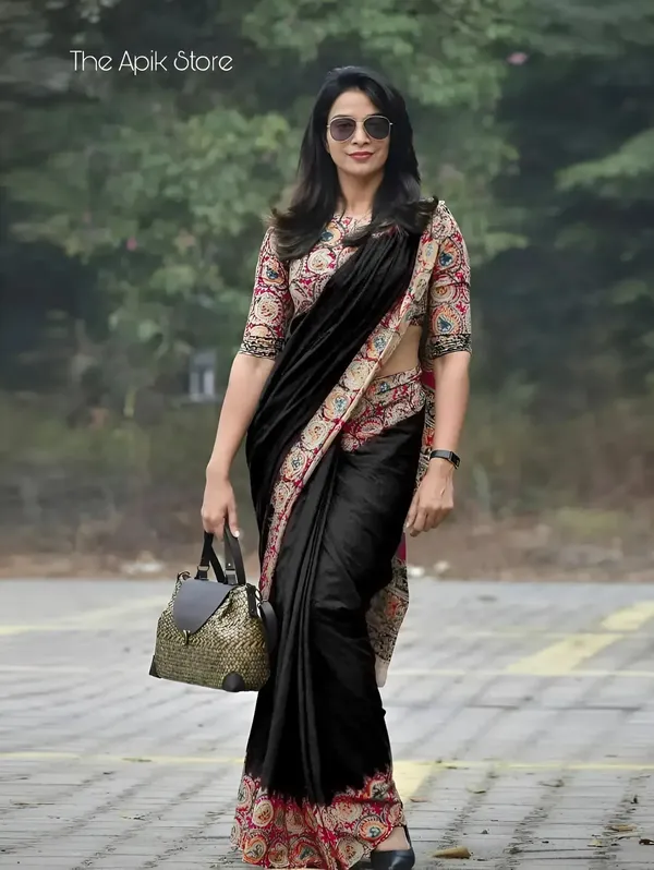 Black_Chanderi_Cotton_Floral_Embroidered_Border_Saree_For_Women