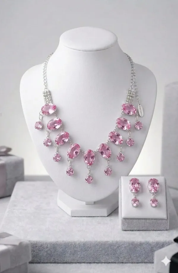Pink_Crystal_Bib_Statement_Necklace_And_Earrings_Set_For_Women