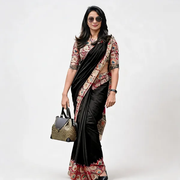 Black_Chanderi_Cotton_Floral_Embroidered_Border_Saree_For_Women