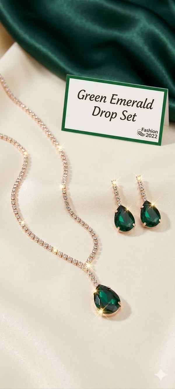 Green_Emerald_Gold_Tone_Teardrop_Pendant_Necklace_Earrings_Set_For_Women