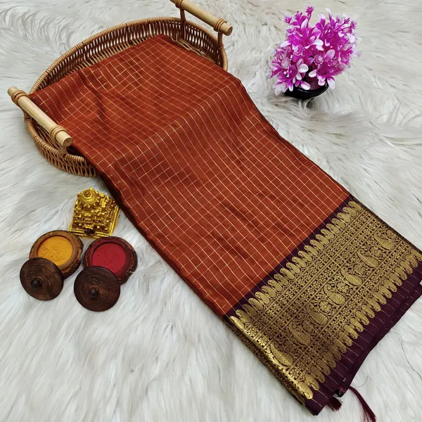 Rust_Orange_Semi_Kanchivaram_Checkered_Saree_For_Women