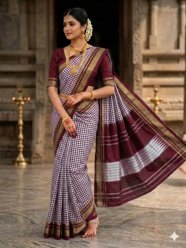 Maroon_and_White_Checkered_Ilkal_Saree