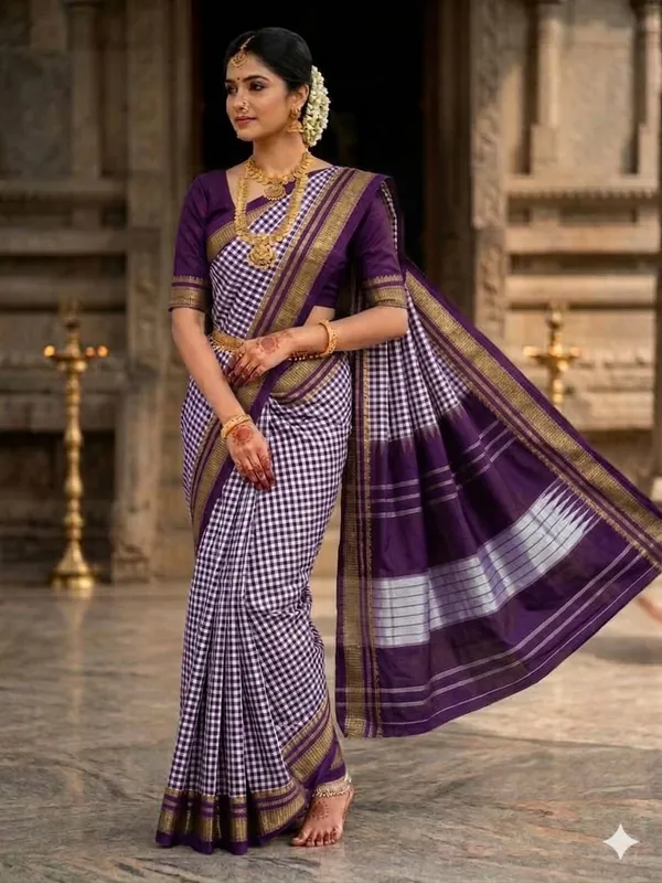 Purple-Magenta_and_White_Checkered_Ilkal_Saree