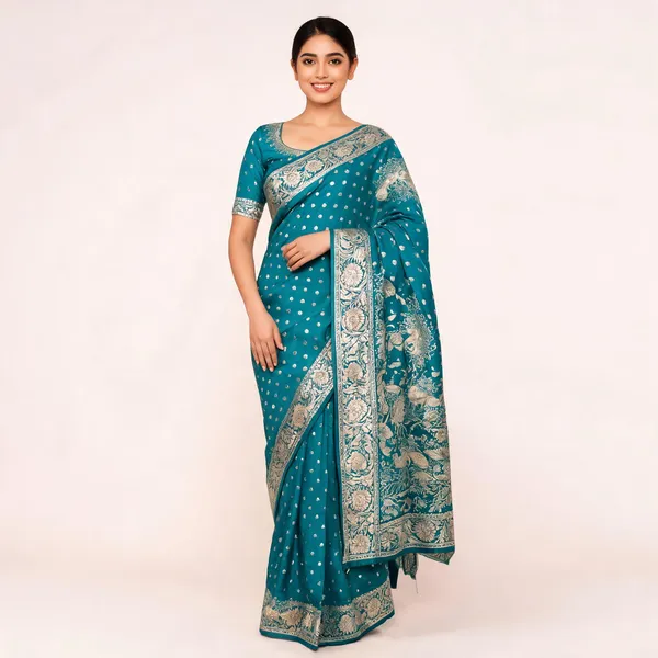 Turquoise_Banarasi_Silk_Silver_Zari_Buti_Saree_For_Women