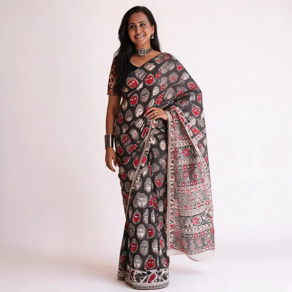 Black_Linen_Cotton_Kalamkari_Print_Saree_For_Women