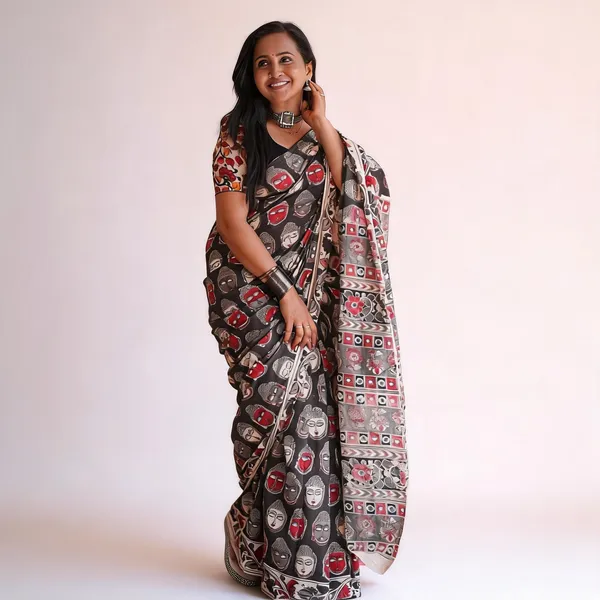 Black_Linen_Cotton_Kalamkari_Print_Saree_For_Women