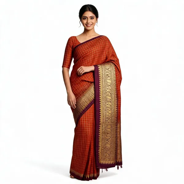 Rust_Orange_Semi_Kanchivaram_Checkered_Saree_For_Women