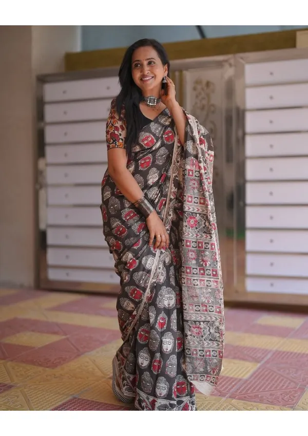 Black_Linen_Cotton_Kalamkari_Print_Saree_For_Women